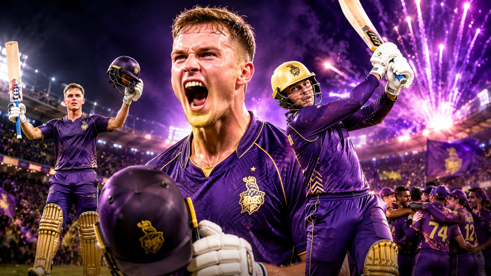 Finn Allen celebrating after hitting a six in KKR’s match vs Delhi